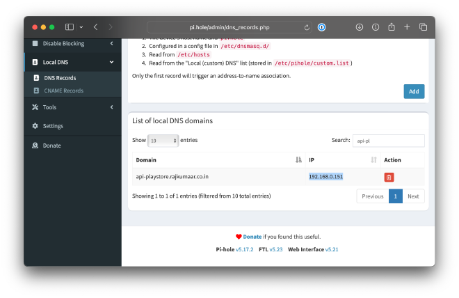 List of local DNS records on pi-hole